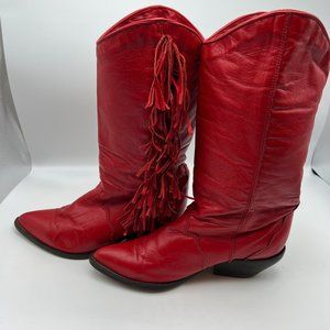 Zodiac Red Fringe Boots Sz 7.5 M Heel 2" 13" tall